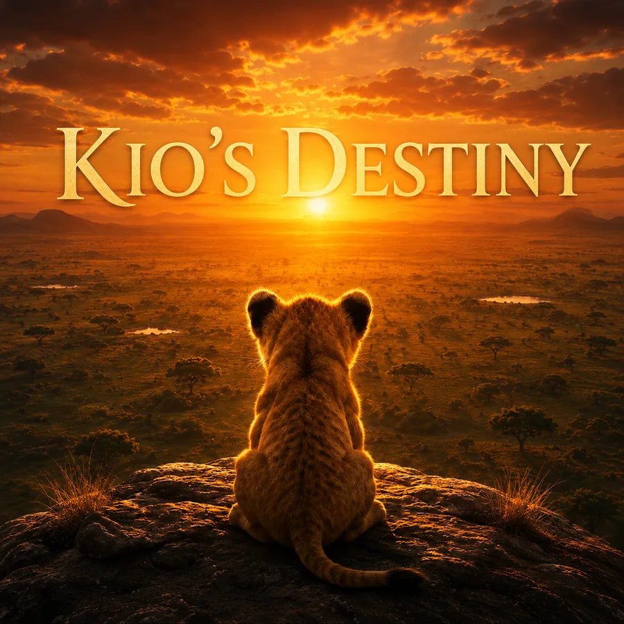Kio's Destiny poster: the cub facing the savanna sunset